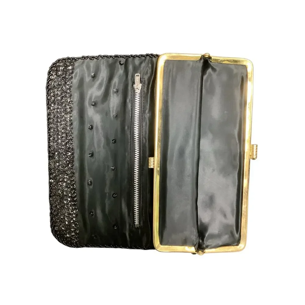 Vintage Purse Women’s One Size Heavily Beaded Lovely Flower Motif Shiny Black